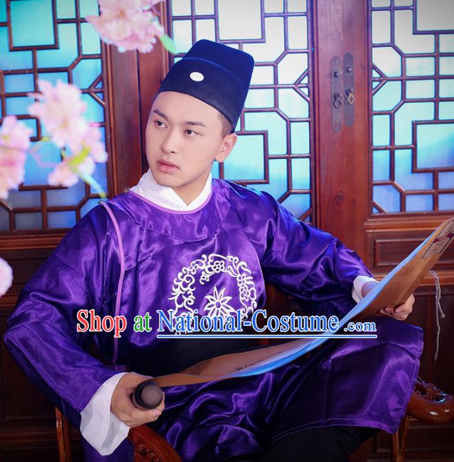 Chinese Ancient Court Eunuch Purple Robe Traditional Ming Dynasty Manservant Costume for Men