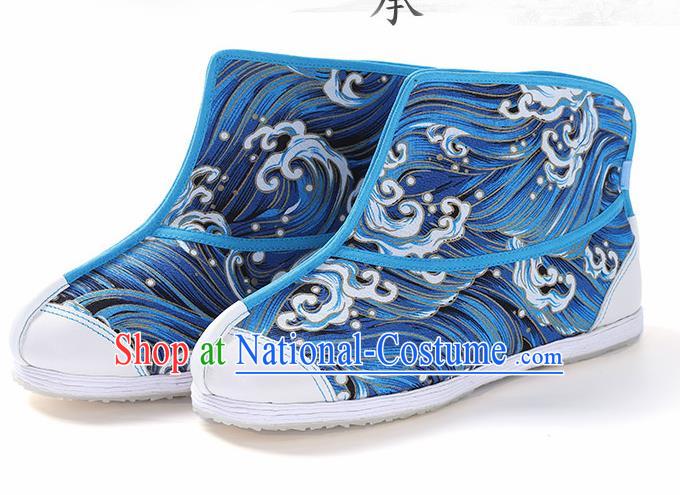 Chinese Traditional Handmade Blue Boots National Multi Layered Cloth Shoes for Men