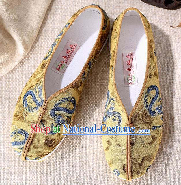 Chinese Traditional Handmade Embroidered Dragon Yellow Cloth Shoes National Multi Layered Cloth Shoes for Men