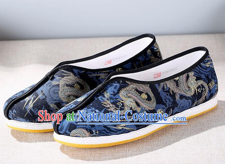 Chinese Traditional Handmade Embroidered Dragon Navy Cloth Shoes National Multi Layered Cloth Shoes for Men