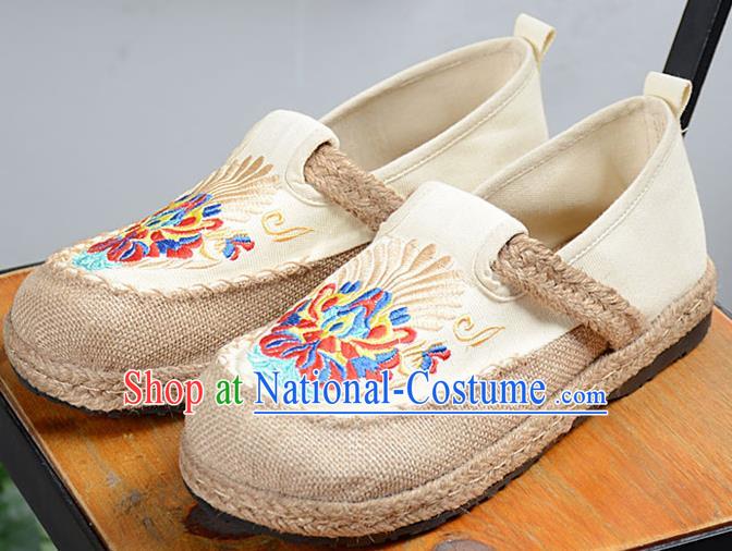 Chinese Traditional Handmade Embroidered Beige Flax Shoes National Multi Layered Cloth Shoes for Men