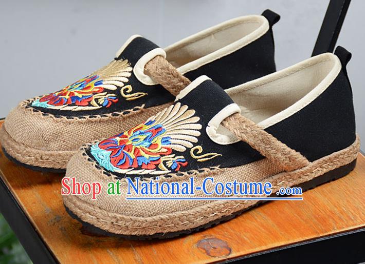 Chinese Traditional Handmade Embroidered Black Flax Shoes National Multi Layered Cloth Shoes for Men