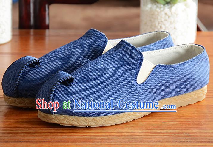 Traditional Chinese Handmade Flax Blue Shoes National Multi Layered Cloth Shoes for Men