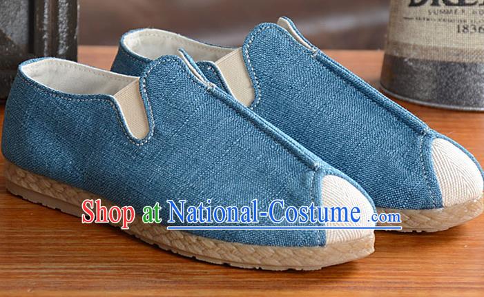 Traditional Chinese Martial Arts Shoes Handmade Blue Flax Shoes National Multi Layered Cloth Shoes for Men