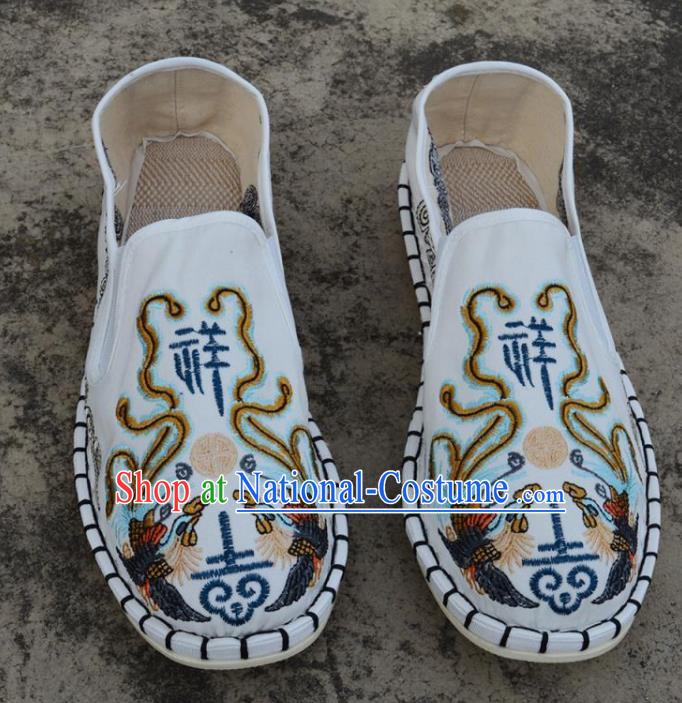 Traditional Chinese Embroidered Phoenix White Shoes Handmade Flax Shoes National Multi Layered Cloth Shoes for Men