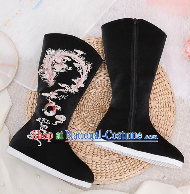 Traditional Chinese Embroidered Dragon Black Boots Handmade Cloth Shoes National Cloth Shoes for Women