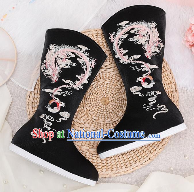 Traditional Chinese Embroidered Dragon Black Boots Handmade Cloth Shoes National Cloth Shoes for Women