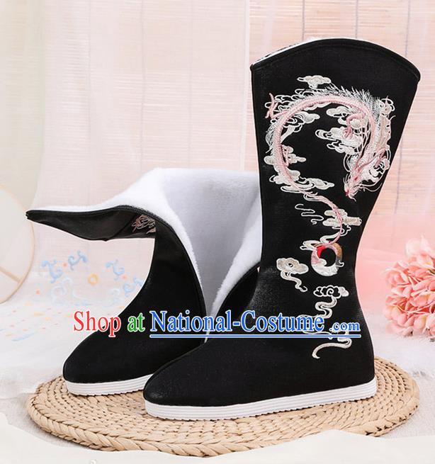 Traditional Chinese Embroidered Dragon Black Boots Handmade Cloth Shoes National Cloth Shoes for Women