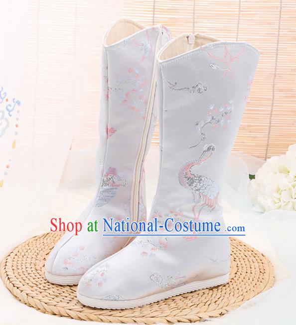 Traditional Chinese Embroidered Crane White Boots Handmade Cloth Shoes National Cloth Shoes for Women