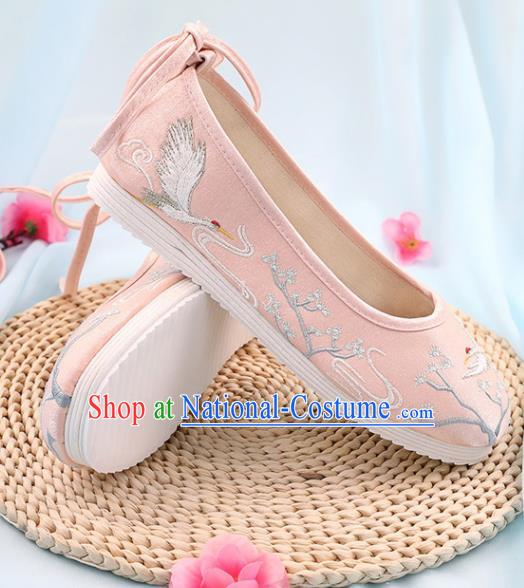 Traditional Chinese Embroidered Crane Pine Pink Shoes Handmade Cloth Shoes National Cloth Shoes for Women