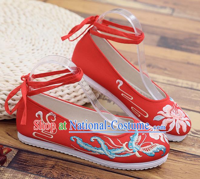 Traditional Chinese Embroidered Peony Butterfly Red Shoes Handmade Cloth Shoes National Cloth Shoes for Women