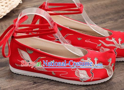 Traditional Chinese Embroidered Crane Red Shoes Handmade Cloth Shoes National Cloth Shoes for Women