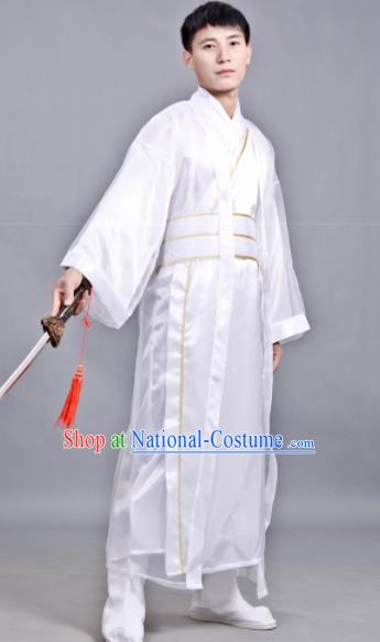 Chinese Ancient Scholar White Robe Traditional Song Dynasty Swordsman Costume for Men