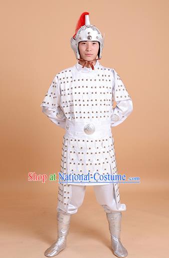 Chinese Ancient Traditional Tang Dynasty General Costume White Helmet and Armour for Men