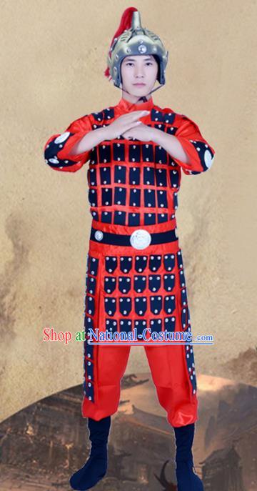 Chinese Ancient Traditional Tang Dynasty General Costume Red Helmet and Armour for Men