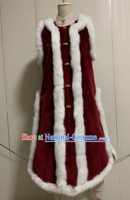 Chinese Ancient Traditional Ming Dynasty Court Queen Costume Winter Wine Red Vest for Women