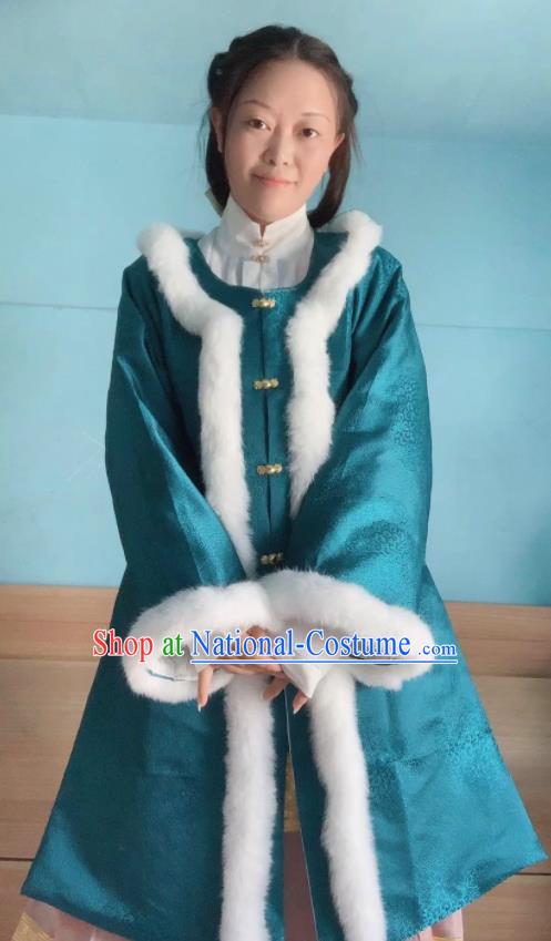 Chinese Ancient Nobility Lady Winter Blue Long Coat Traditional Ming Dynasty Princess Costume for Women