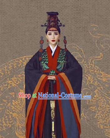 Chinese Ancient Court Queen Mother Black Dress Traditional Qin Dynasty Empress Dowager Costumes and Headpiece for Women