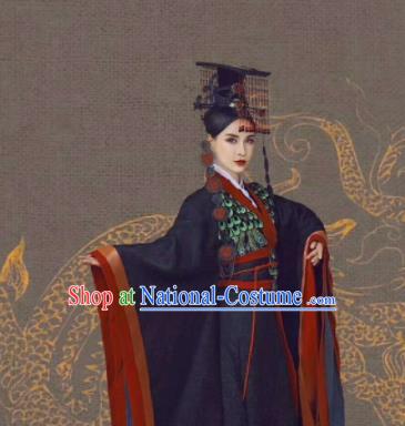 Chinese Ancient Court Queen Mother Black Dress Traditional Qin Dynasty Empress Dowager Costumes and Headpiece for Women