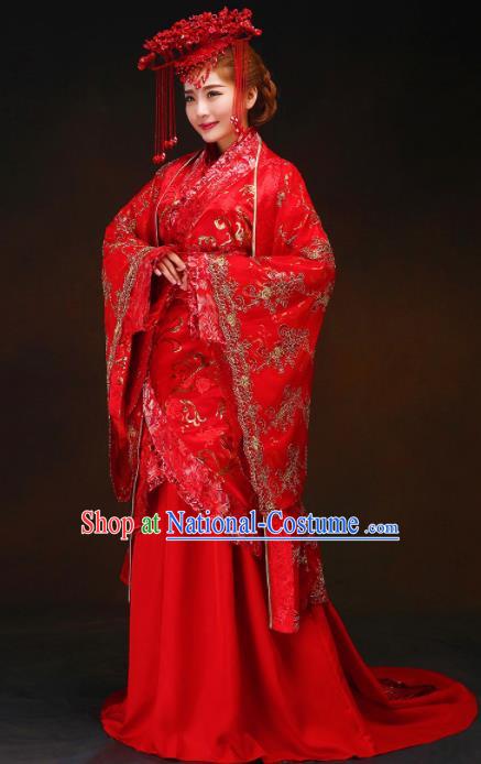 Chinese Ancient Bride Red Dress Traditional Han Dynasty Royal Empress Wedding Costumes and Headpiece for Women