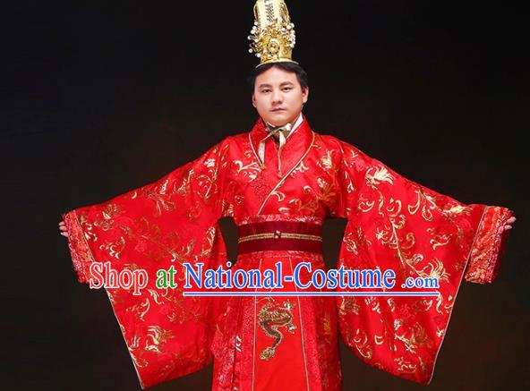 Chinese Ancient Bridegroom Red Hanfu Clothing Traditional Han Dynasty Royal Prince Wedding Costumes and Headpiece for Men