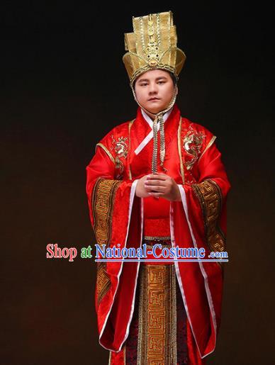 Chinese Ancient Wedding Red Hanfu Clothing Traditional Han Dynasty Bridegroom Costumes and Headpiece for Men