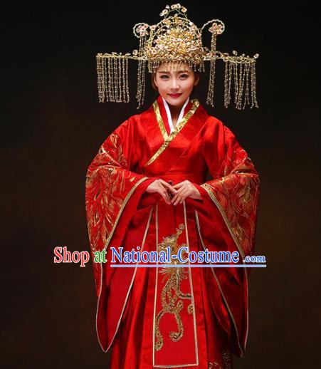 Chinese Ancient Royal Princess Wedding Red Hanfu Dress Traditional Han Dynasty Court Bride Costumes and Headpiece for Women