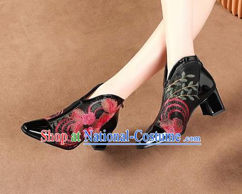 Traditional Chinese Embroidered Flowers Black Leather Shoes National High Heel Shoes for Women