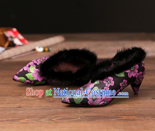 Traditional Chinese Embroidered Purple Flowers Shoes National High Heel Shoes for Women