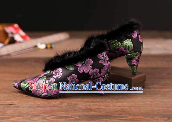 Traditional Chinese Embroidered Purple Flowers Shoes National High Heel Shoes for Women