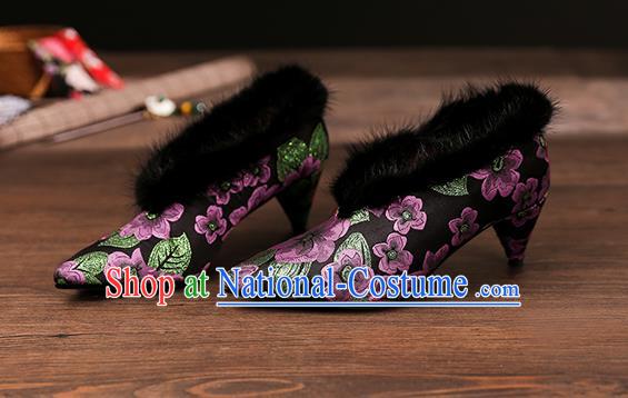 Traditional Chinese Embroidered Purple Flowers Shoes National High Heel Shoes for Women