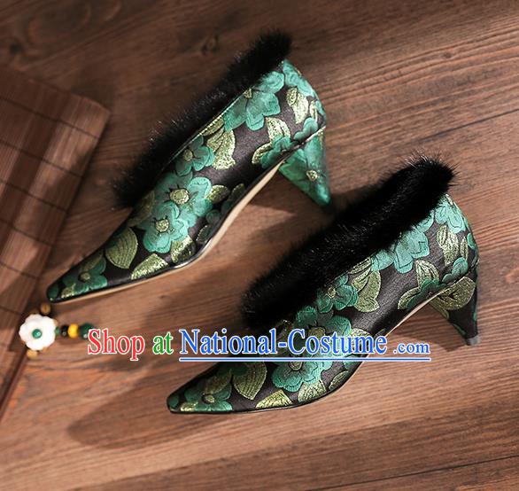 Traditional Chinese Embroidered Green Flowers Shoes National High Heel Shoes for Women