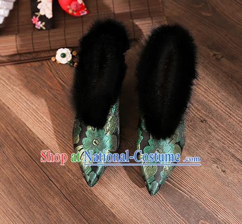 Traditional Chinese Embroidered Green Flowers Shoes National High Heel Shoes for Women