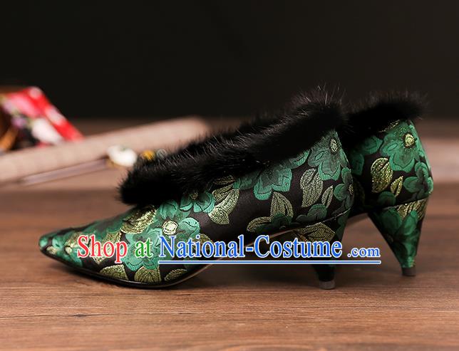 Traditional Chinese Embroidered Green Flowers Shoes National High Heel Shoes for Women