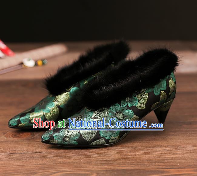 Traditional Chinese Embroidered Green Flowers Shoes National High Heel Shoes for Women