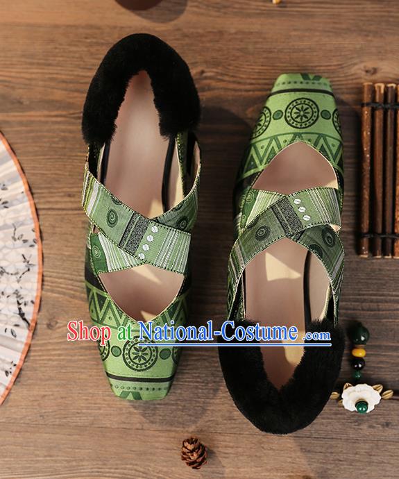 Traditional Chinese Handmade Green Satin Shoes National High Heel Shoes for Women