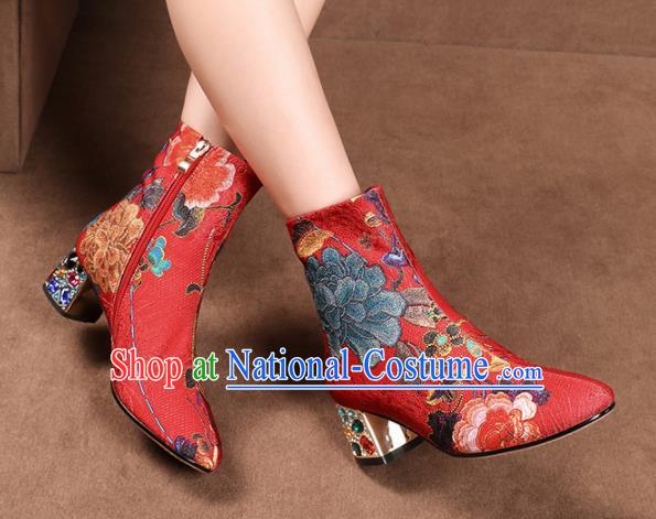 Traditional Chinese Handmade Embroidered Red Boots National High Heel Shoes for Women