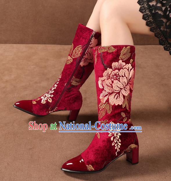 Traditional Chinese Handmade Embroidered Peony Red Long Boots National High Heel Shoes for Women