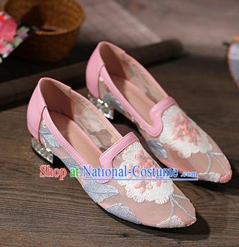 Traditional Chinese Handmade Embroidered Pink Shoes National High Heel Shoes for Women