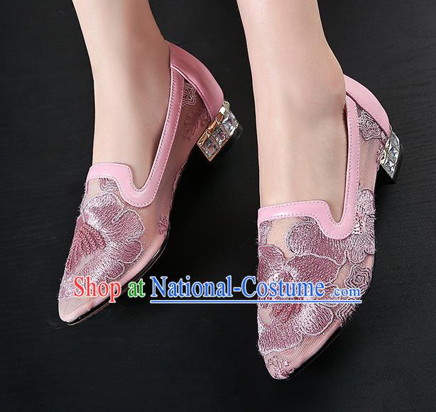 Traditional Chinese Handmade Embroidered Peony Lilac Shoes National High Heel Shoes for Women