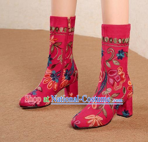 Traditional Chinese Handmade Embroidered Red Boots National High Heel Shoes for Women