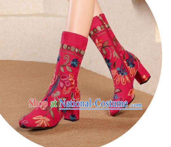 Traditional Chinese Handmade Embroidered Red Boots National High Heel Shoes for Women