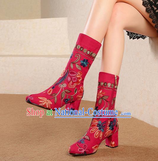 Traditional Chinese Handmade Embroidered Red Boots National High Heel Shoes for Women