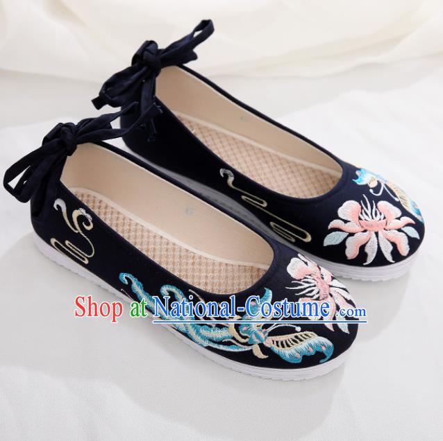 Traditional Chinese Handmade Embroidered Butterfly Black Shoes National Cloth Shoes for Women