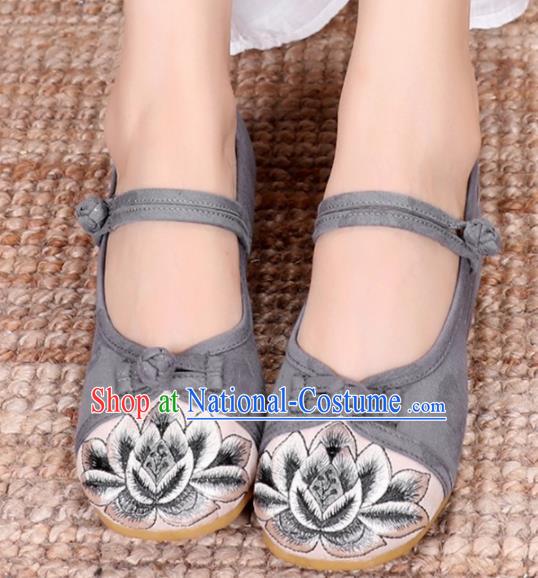 Traditional Chinese Handmade Embroidered Lotus Grey Shoes National Cloth Shoes for Women