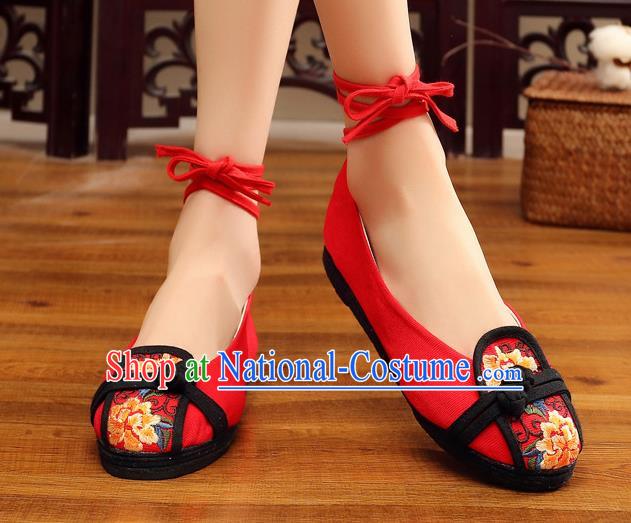 Traditional Chinese Handmade Embroidered Peony Red Shoes National Wedding Cloth Shoes for Women