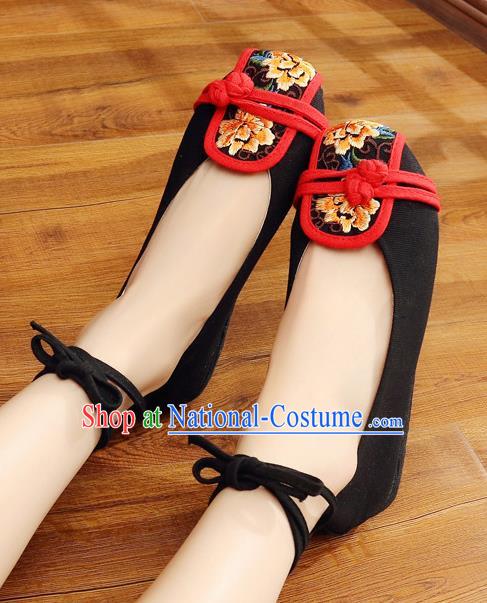 Traditional Chinese Handmade Embroidered Peony Black Shoes National Wedding Cloth Shoes for Women