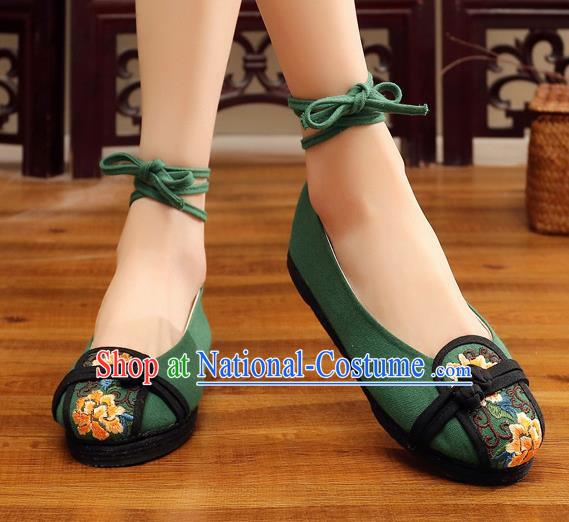 Traditional Chinese Handmade Embroidered Peony Green Shoes National Wedding Cloth Shoes for Women