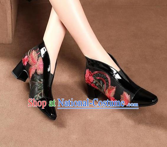 Traditional Chinese Embroidered Black Leather Shoes National High Heel Shoes for Women