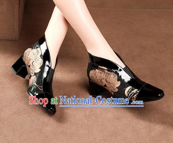 Traditional Chinese Printing Black Leather Shoes National High Heel Shoes for Women